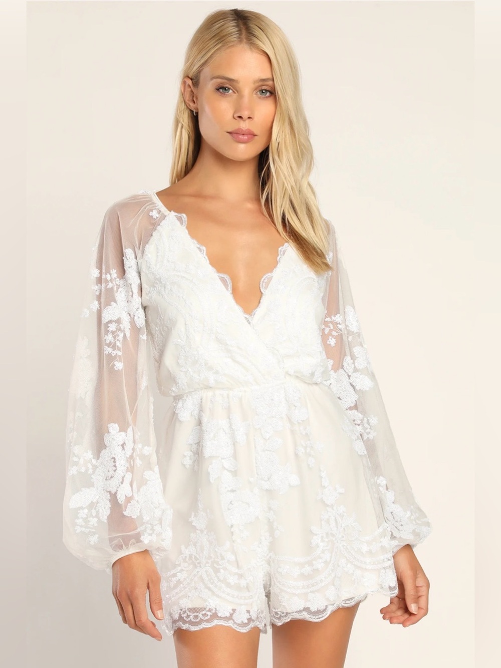 Lulus Sparkling Sight White Sequin Long Sleeve Romper | XL